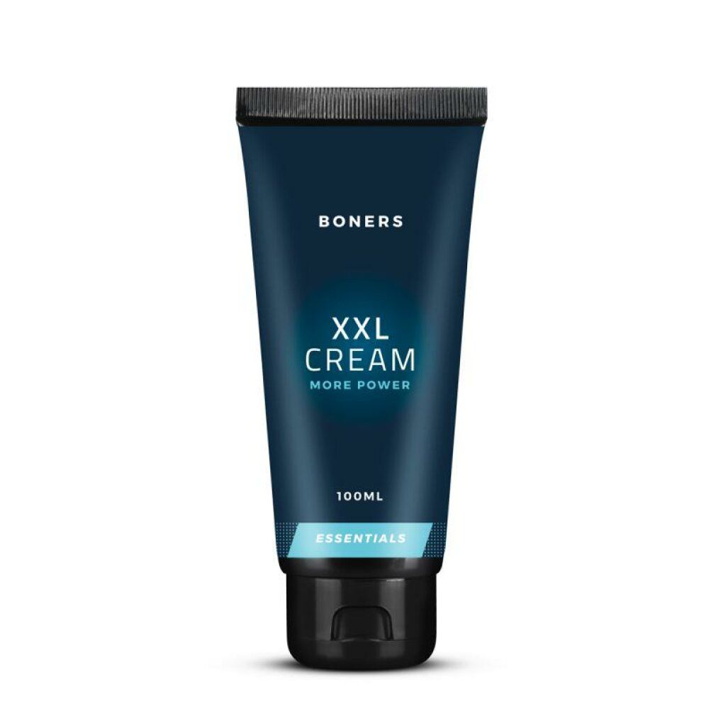 Blaue Tube mit schwarzem Deckel. Oben steht "BONERS", darunter "XXL CREAM MORE POWER". Unten steht "100ML" und "ESSENTIALS".