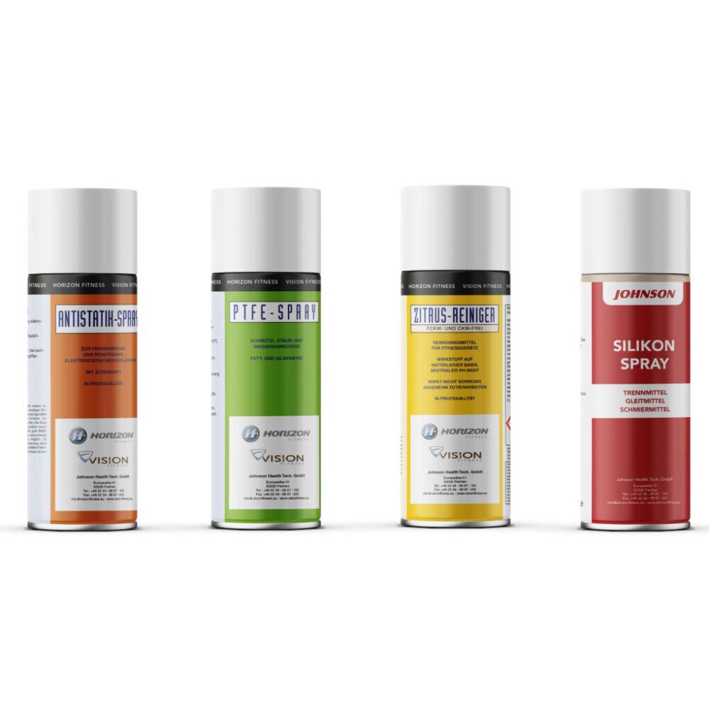 Vier Sprühdosen mit weißen Deckeln. Beschriftungen: ANTISTATIN-SPRAY, PTFE-SPRAY, CITRUS-REINIGER, SILIKON SPRAY. Marken: HORIZON, JOHNSON, VISION.
