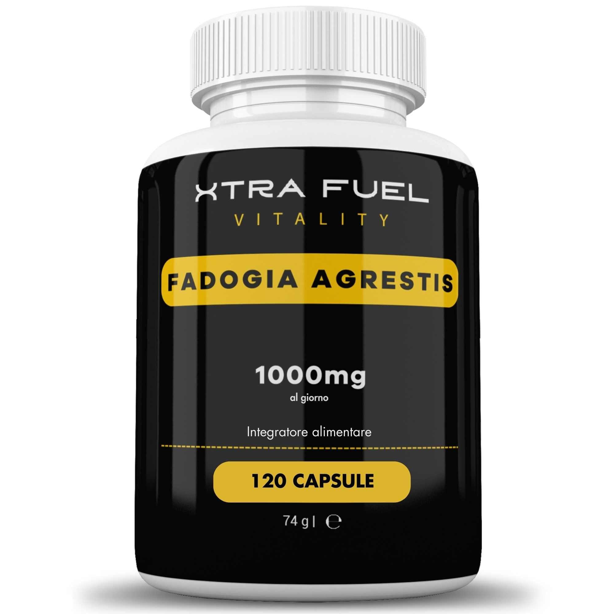 XTRA FUEL Fadogia Agrestis Kapseln. Schwarze Dose mit weißem Deckel. 120 Kapseln, 1000mg pro Tag.