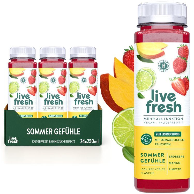 Produkt: LiveFresh Sommer Gefühle. 24x250ml Flaschen in Karton. Erdbeere, Mango, Limette. Früchte und Text auf der Flasche.