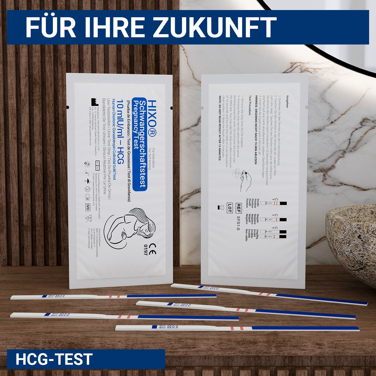 HIXO Schwangerschaftstest Streifen mit CE-Kennzeichnung und Anleitung.