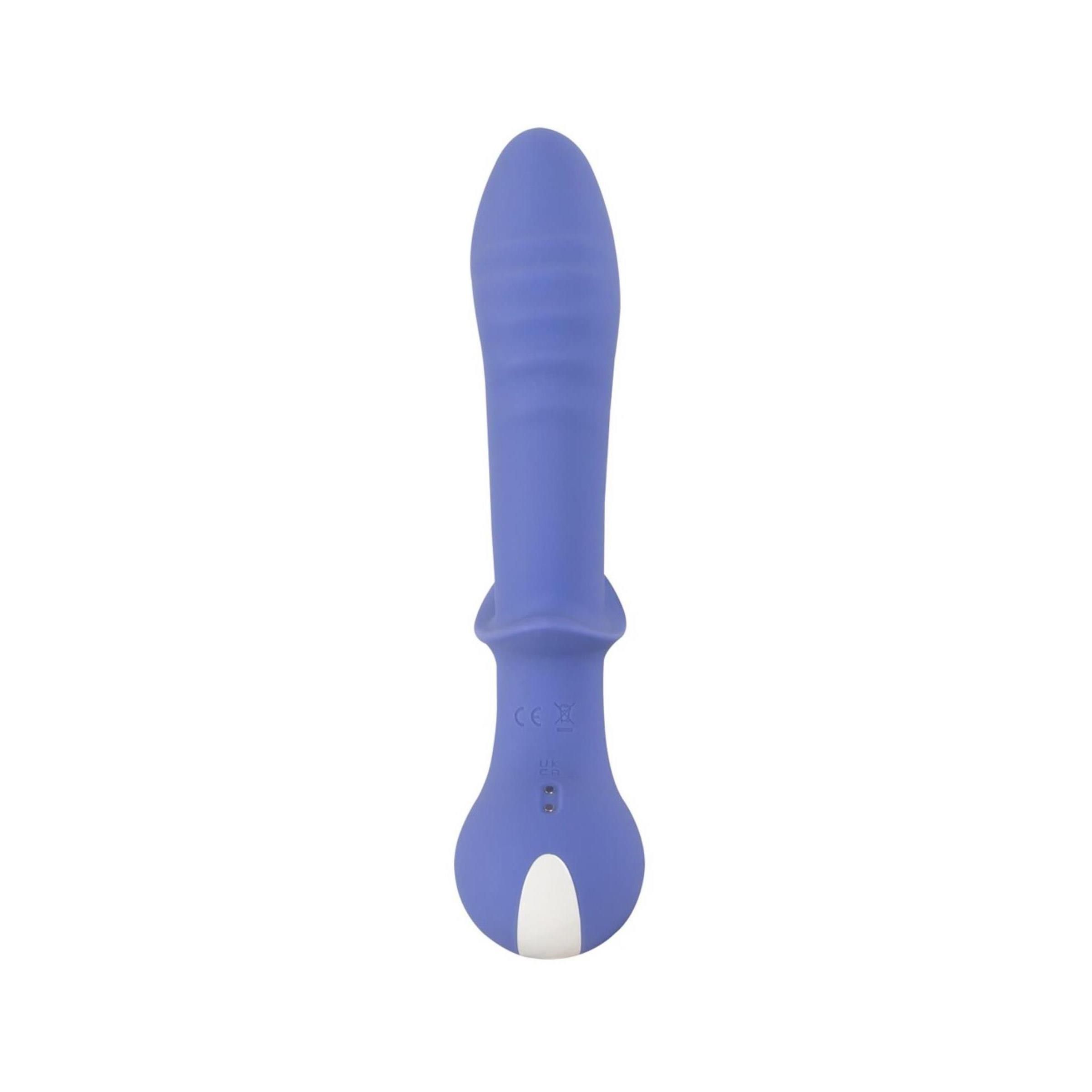 Lila Vibrator mit Klitorisstimulator. Ergonomische Form mit zwei Knöpfen.