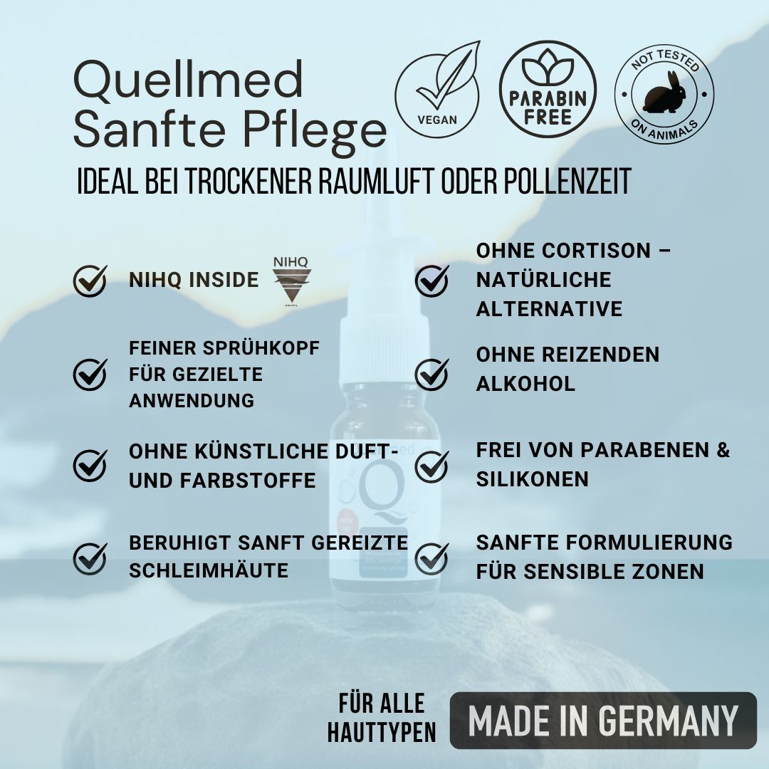 Produkt mit weißem Sprühkopf. Logos: Vegan, Paraben Free, Nicht an Tieren getestet. Text: Sanfte Pflege, Made in Germany.