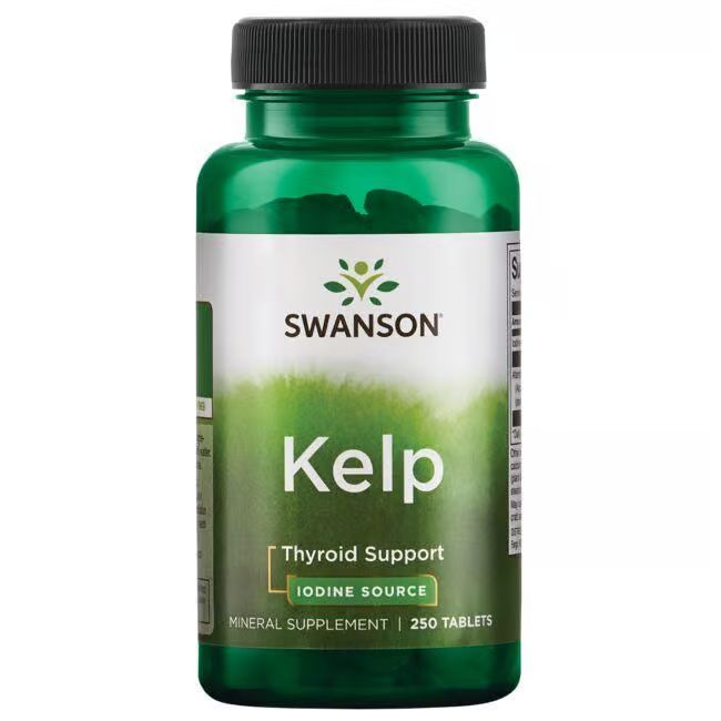 Grüne Flasche mit weißem Etikett. Aufschrift: SWANSON Kelp, Thyroid Support, Iodine Source. 250 Tabletten.