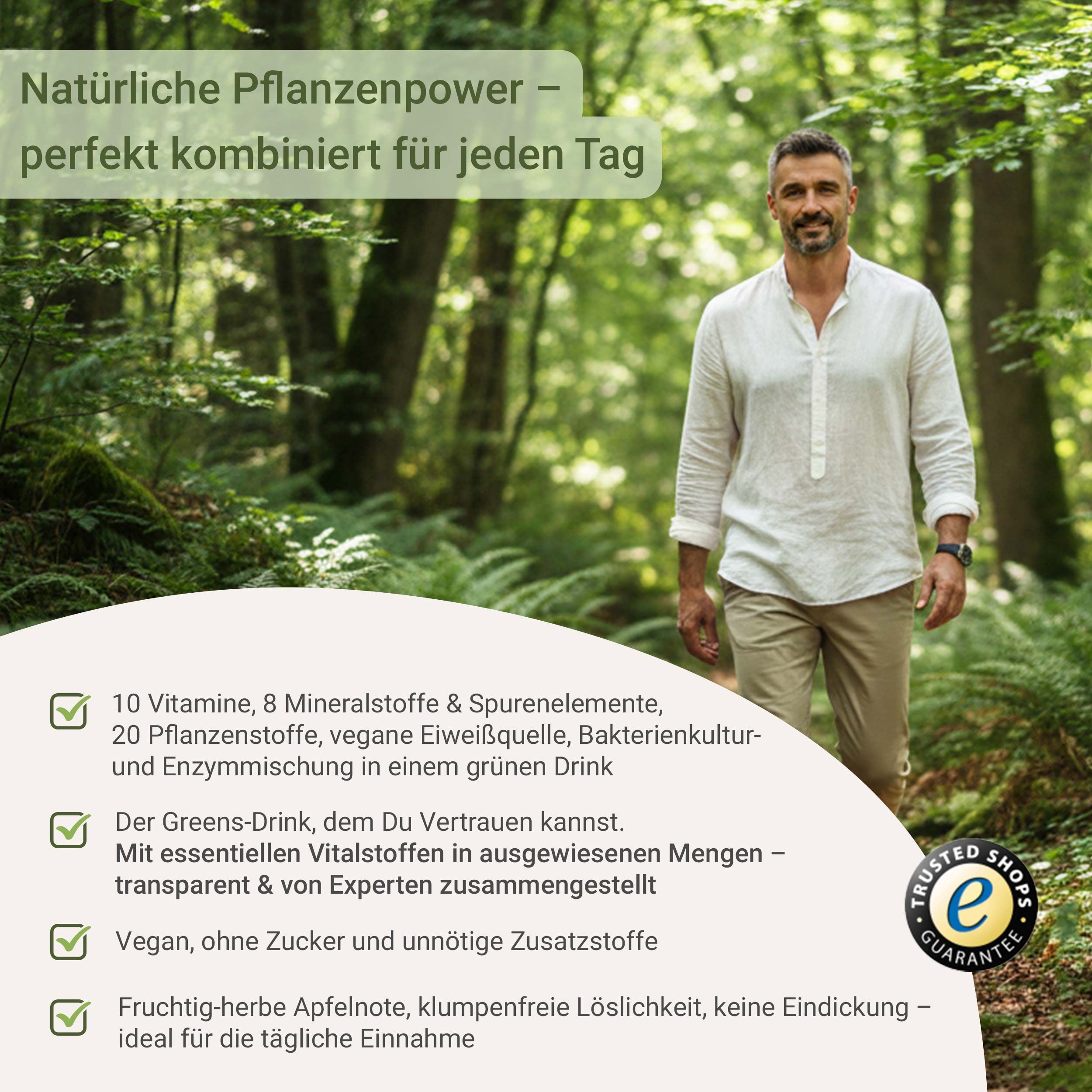 Mann im Freien, neben Text über natürliche Pflanzenkraft. Liste mit Inhaltsstoffen und Siegel 'Trusted Shops'.