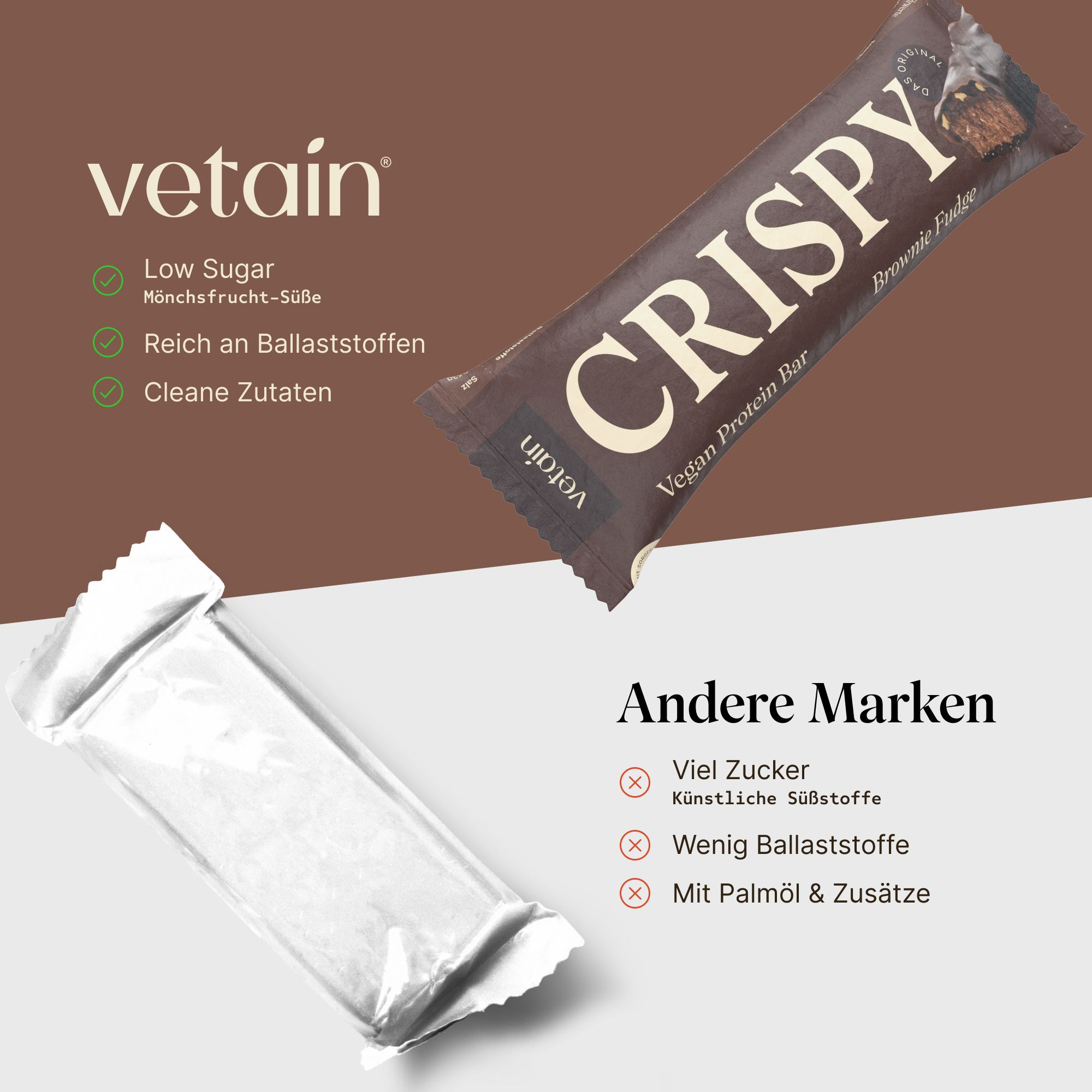 VETAIN Proteinriegel Vegan - Crispy Brownie - 12g Eiweiß - Ohne Zuckerzusatz