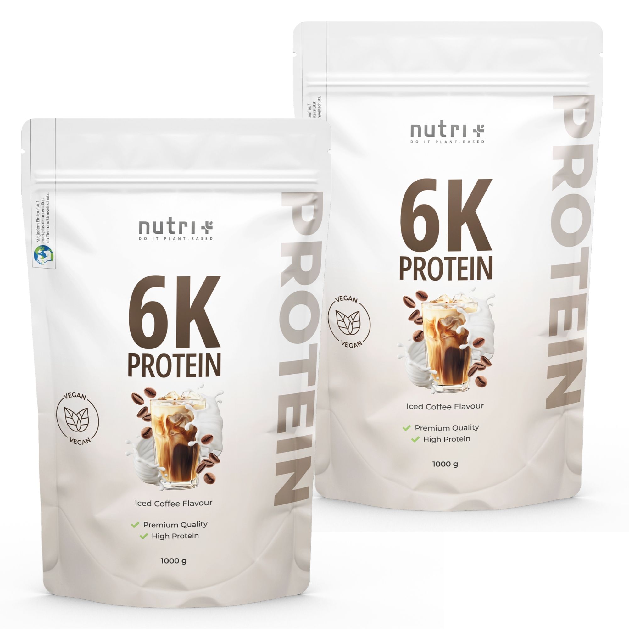 Zwei Beutel nutri+ 6K Protein Pulver, Iced Coffee Geschmack, 1000g, mit Abbildung eines Eiskaffees.