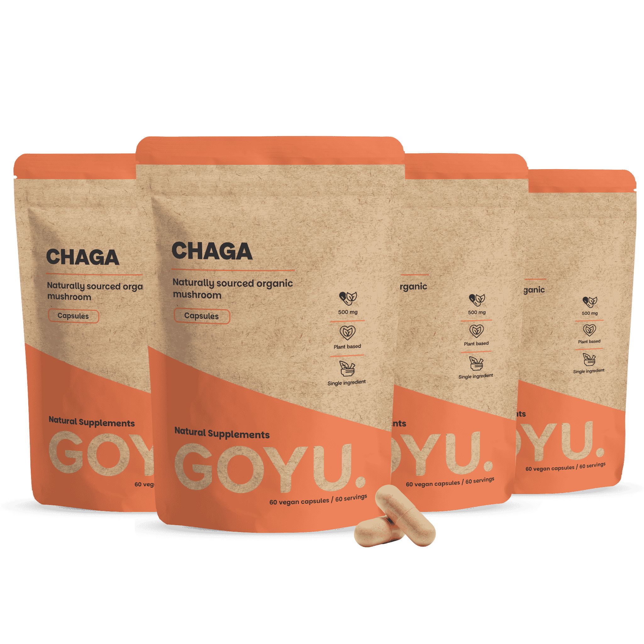 Vier Packungen GOYU Chaga Kapseln, natürlich bezogen, organisch.