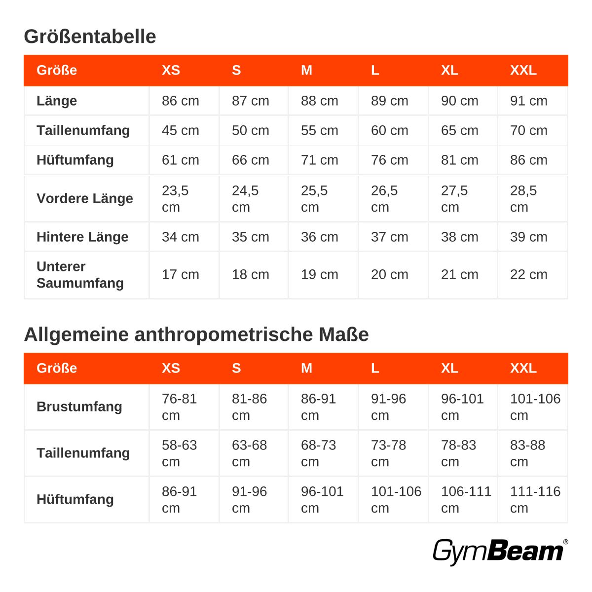 Größentabelle für Damenbekleidung mit Maßen in cm.