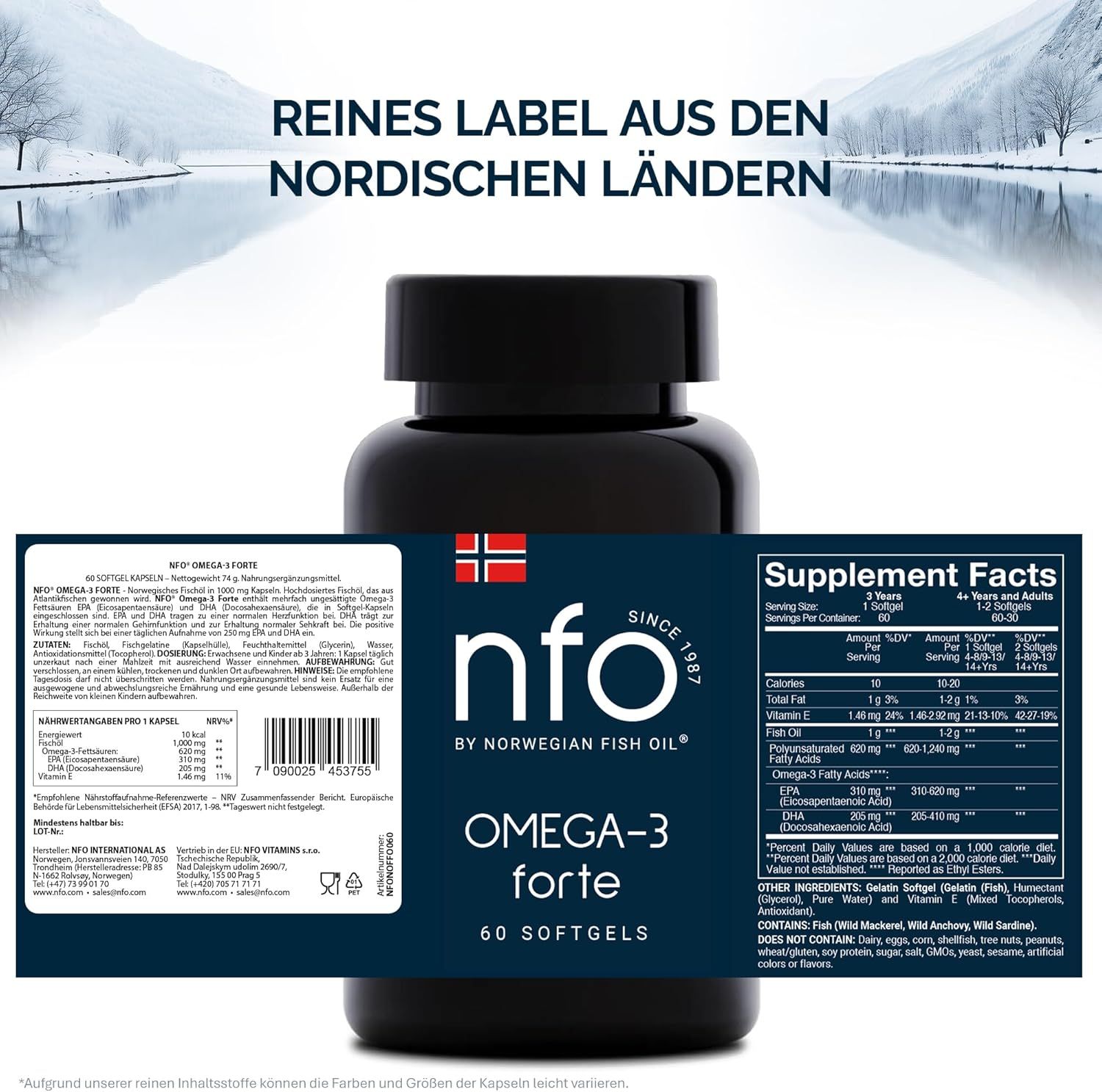Flasche mit blauem Etikett vor Landschaft. Text: nfo, Omega-3 forte, 60 Softgels. Zusätzliche Informationen.
