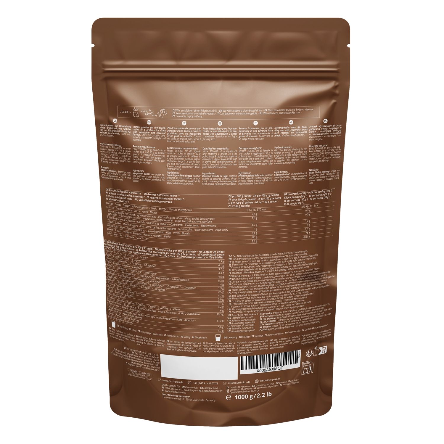 Rückseite der braunen Proteinpulver-Tüte. Text mit Nährwertangaben und Inhaltsstoffen. Barcode und Gewicht.