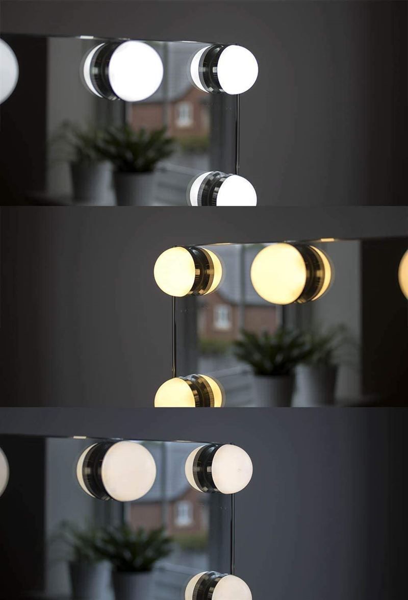 Nahaufnahme von Lichtern an einem Schminkspiegel. Runde Lichter, Spiegeloberfläche, verschiedene Lichtfarben.