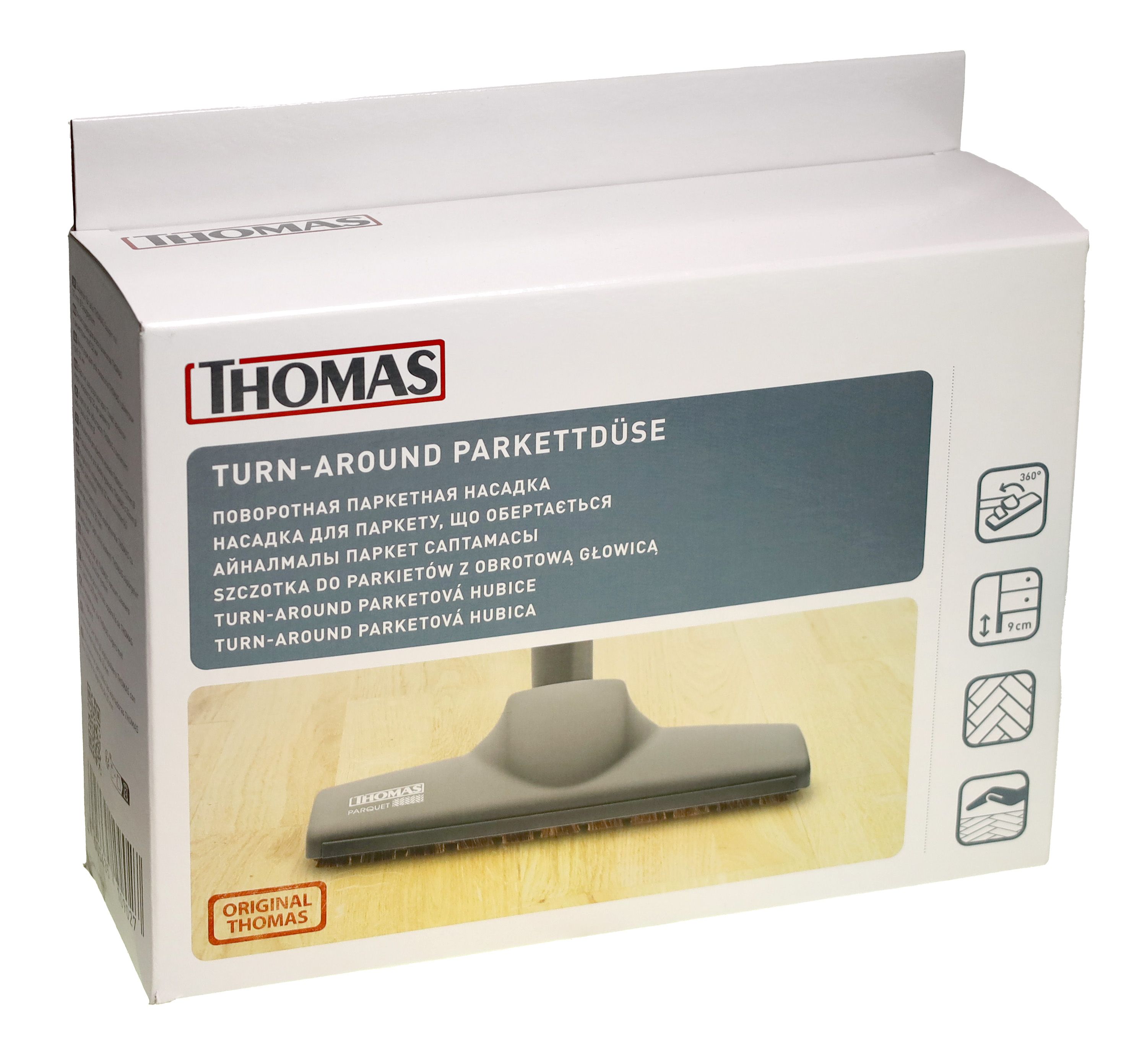 Verpackung mit Produktabbildung. Aufschrift THOMAS, TURN-AROUND Parkettdüse. Mehrsprachige Produktbezeichnungen.