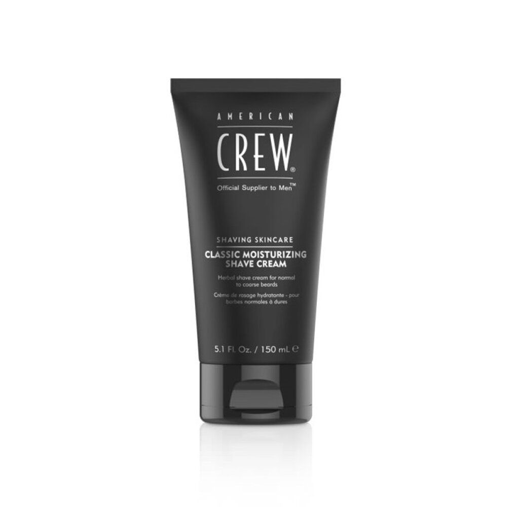Schwarze Tube mit Aufschrift "AMERICAN CREW. Shaving Skincare Classic Moisturizing Shave Cream". 5.1 Fl. Oz. / 150 ml.