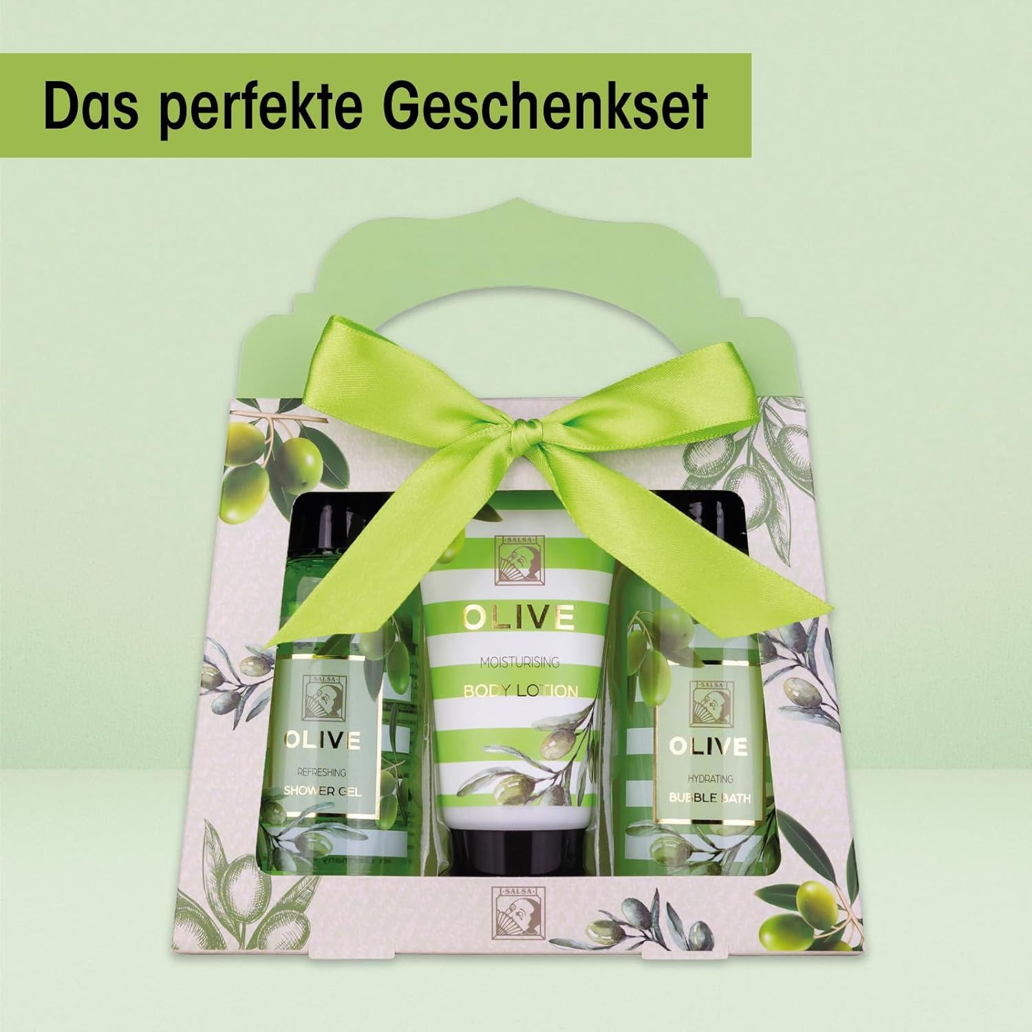 Geschenkset mit Oliven-Motiv. Enthält Duschgel, Schaumbad und Bodylotion. Verpackt in einer grünen Geschenkbox mit Schleife.