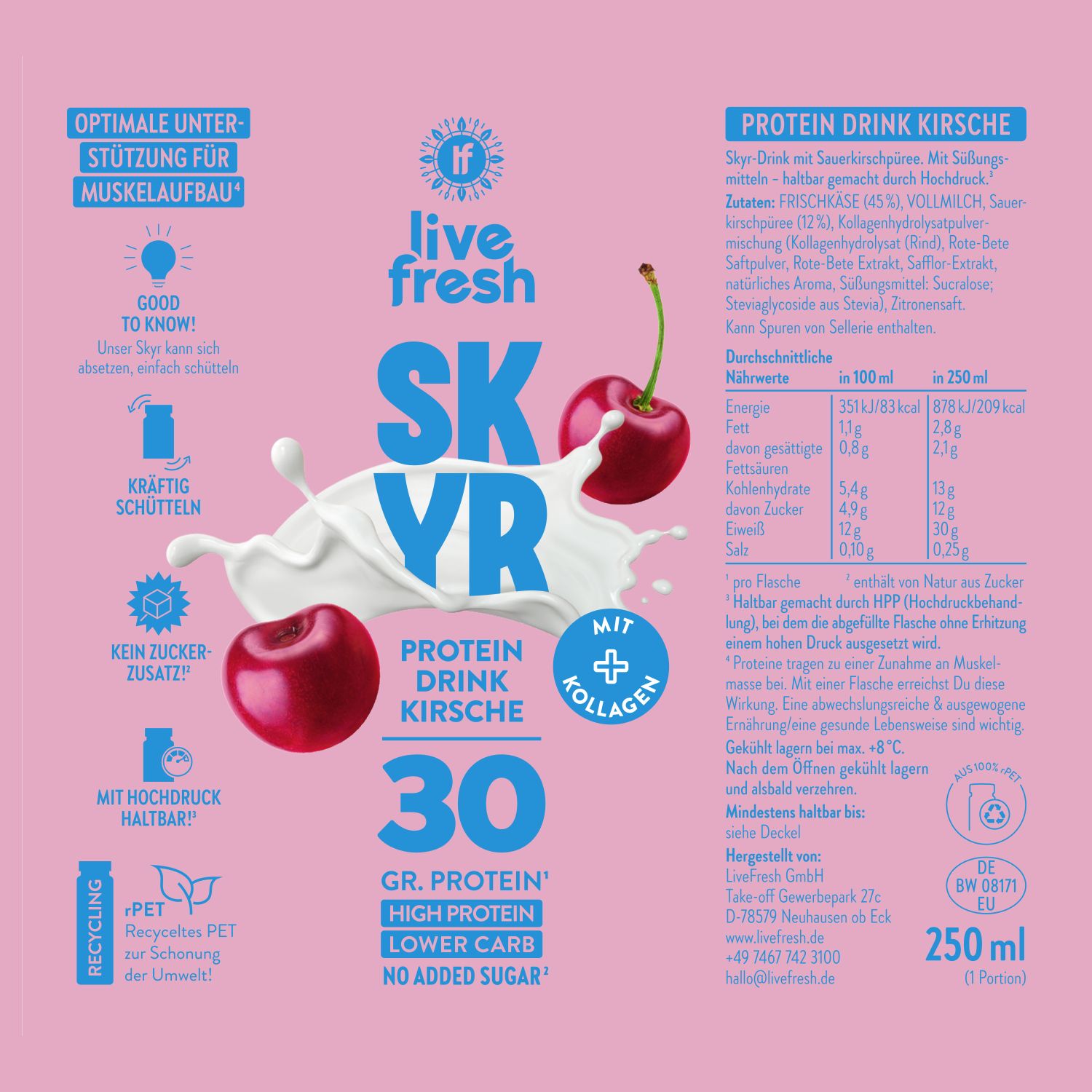 Pinkfarbener Hintergrund mit Produktinformationen. Skyr Drink Kirsche, Kirschen, Milchspritzer. Text: 30g Protein, High Protein, Lower Carb, No Added Sugar.