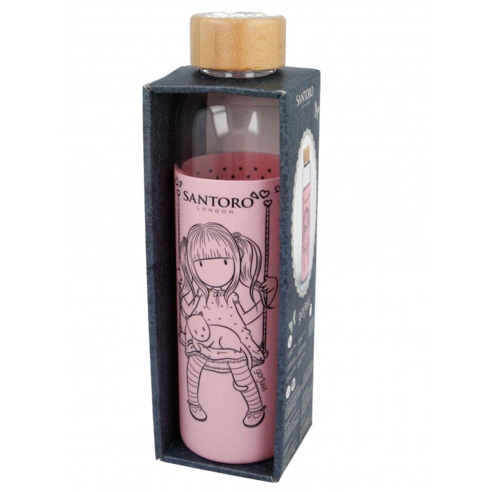 Glaswasserflasche in Geschenkbox. Rosa Hülle mit Mädchen-Illustration. Holzdeckel. Santoro London Logo.