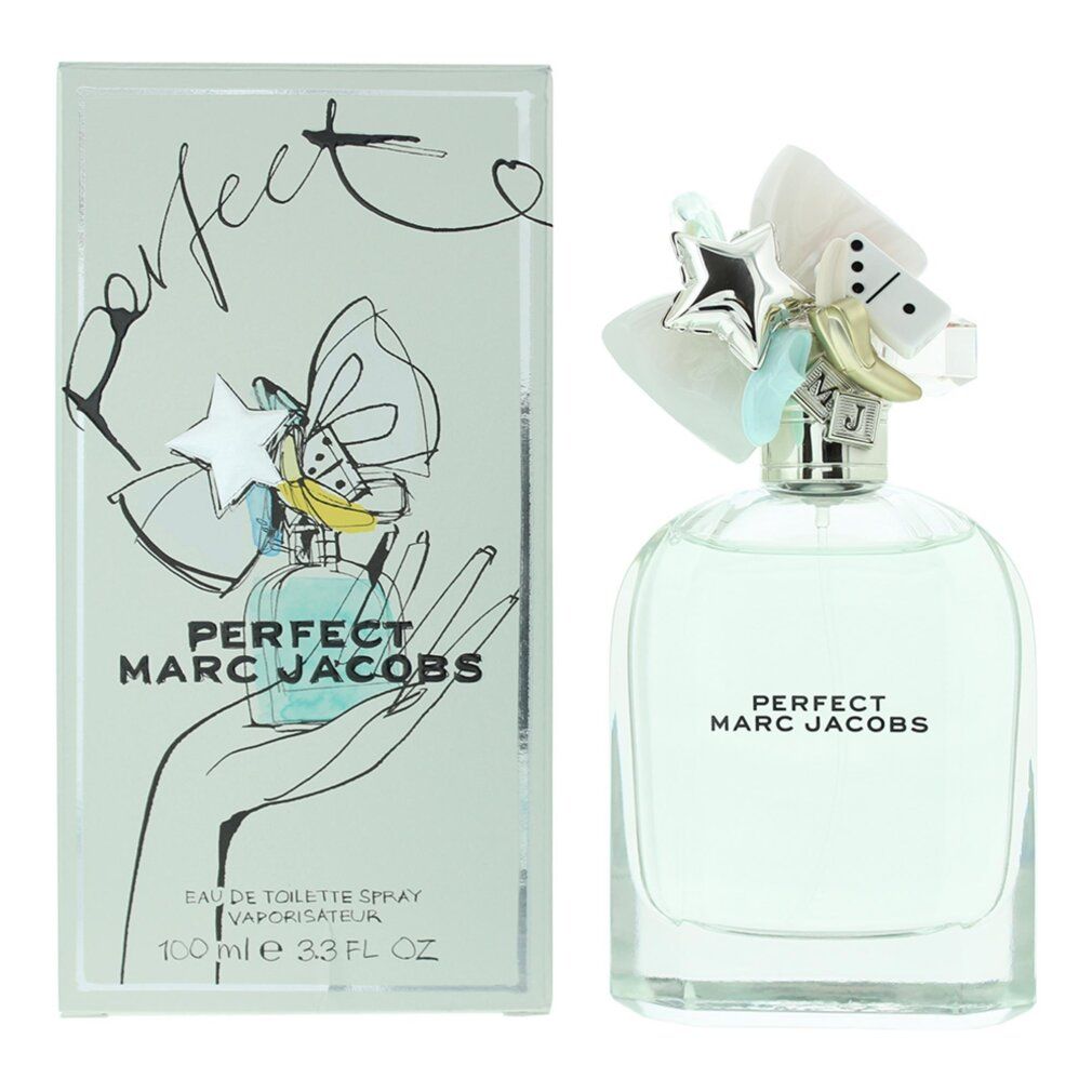 Parfümflakon und Schachtel. Flakon mit Aufsatz. Schachtel mit Zeichnung und Schriftzug: PERFECT MARC JACOBS.