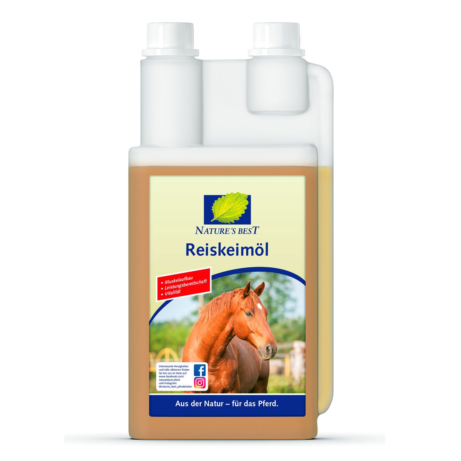 Flasche mit Reiskeimöl. Aufschrift: Nature's Best Reiskeimöl. Abbildung eines Pferdes. Text: Aus der Natur - für das Pferd.