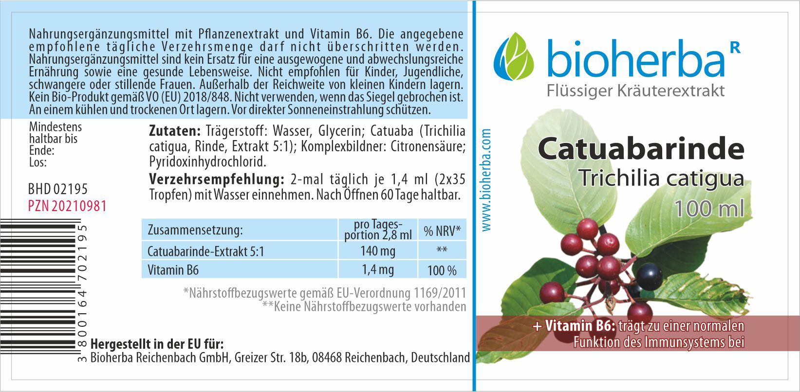Braune Glasflasche mit schwarzem Deckel. Etikett mit Produktnamen, Inhaltsstoffen und Marke Bioherba. 100 ml.