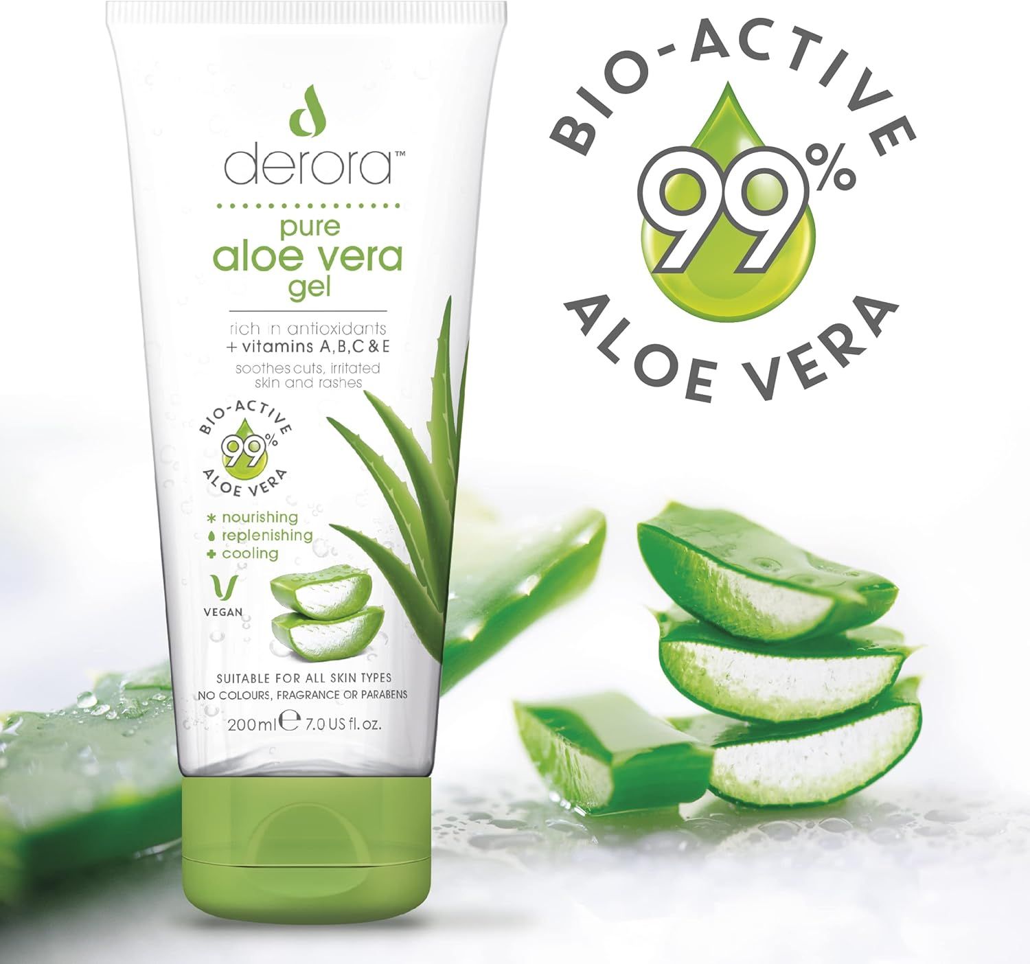 Tube Derora Aloe Vera Gel mit Aloe Vera Blättern. Text: Pure Aloe Vera Gel, 99% bio-aktives Aloe Vera, vegan.