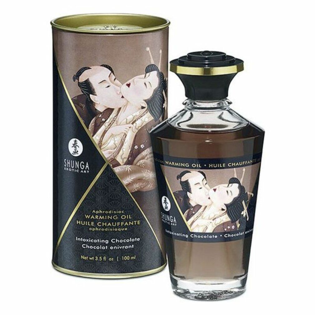 Braune Glasflasche und Dose mit Etiketten. Aufschrift: Shunga, Warming Oil, Intoxicating Chocolate. Abbildung: küssendes Paar.