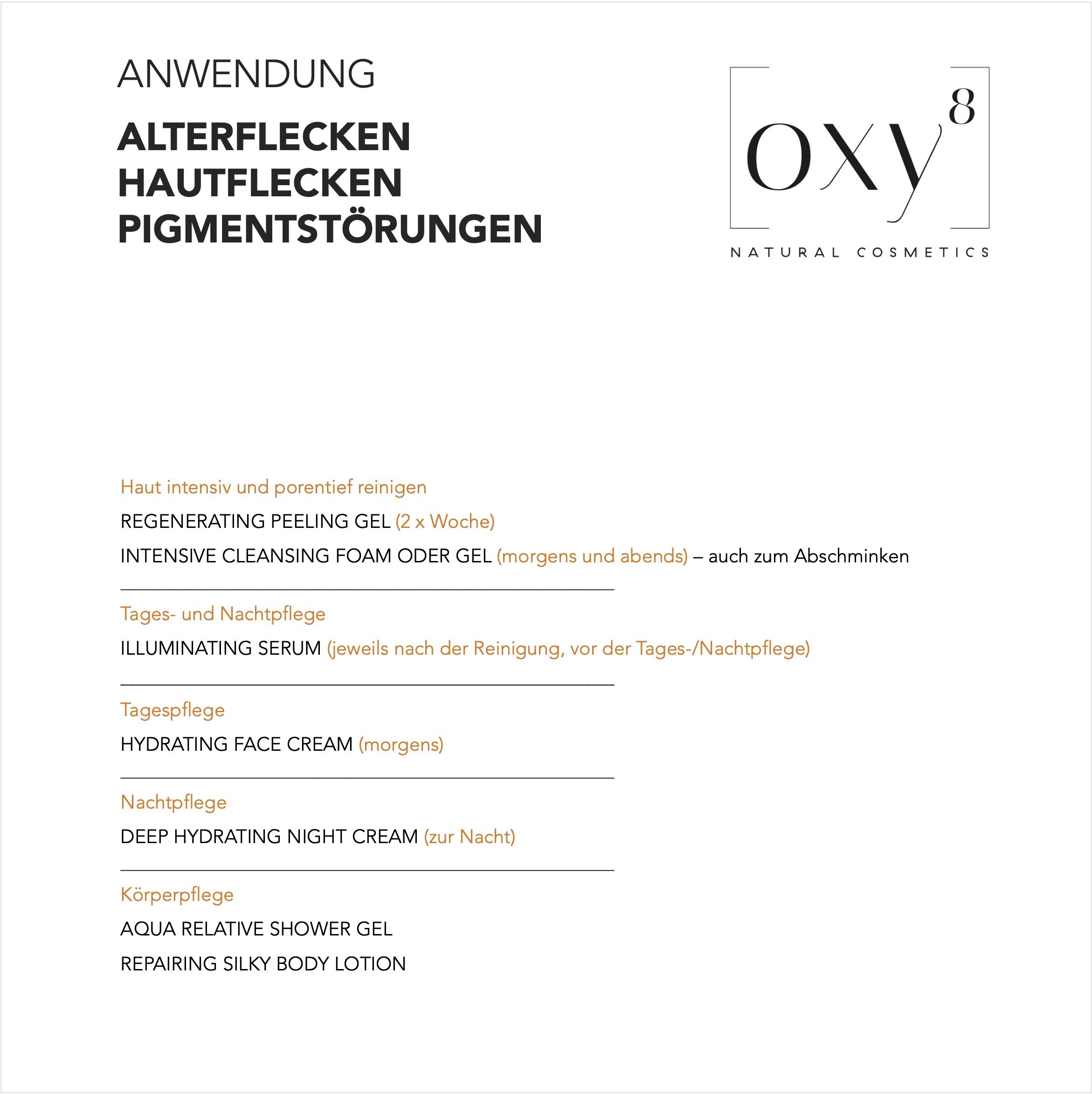 Anwendungshinweise für Altersflecken-Pflege. Text und Logo von oxy8 Naturkosmetik. Schwarzer Text auf weißem Hintergrund.