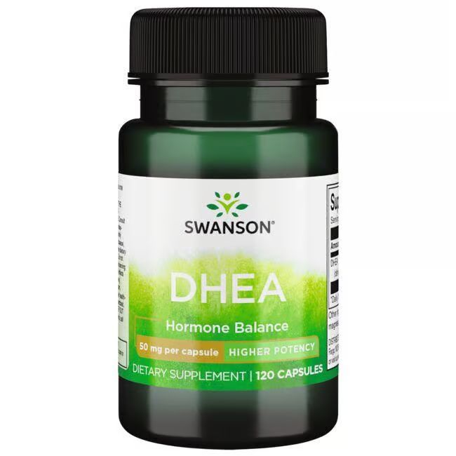 Grüne Flasche mit schwarzem Deckel. Aufschrift: SWANSON DHEA, 50 mg pro Kapsel, 120 Kapseln. Hormon Balance.