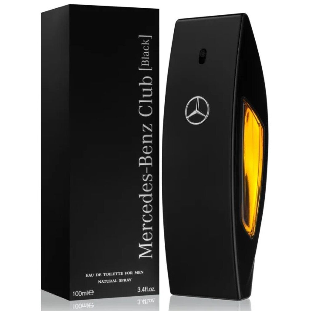 Schwarze Flasche und Karton. Flasche mit Mercedes-Benz Logo. Aufschrift: Mercedes-Benz Club [Black]. 3.4fl.oz. 100ml.