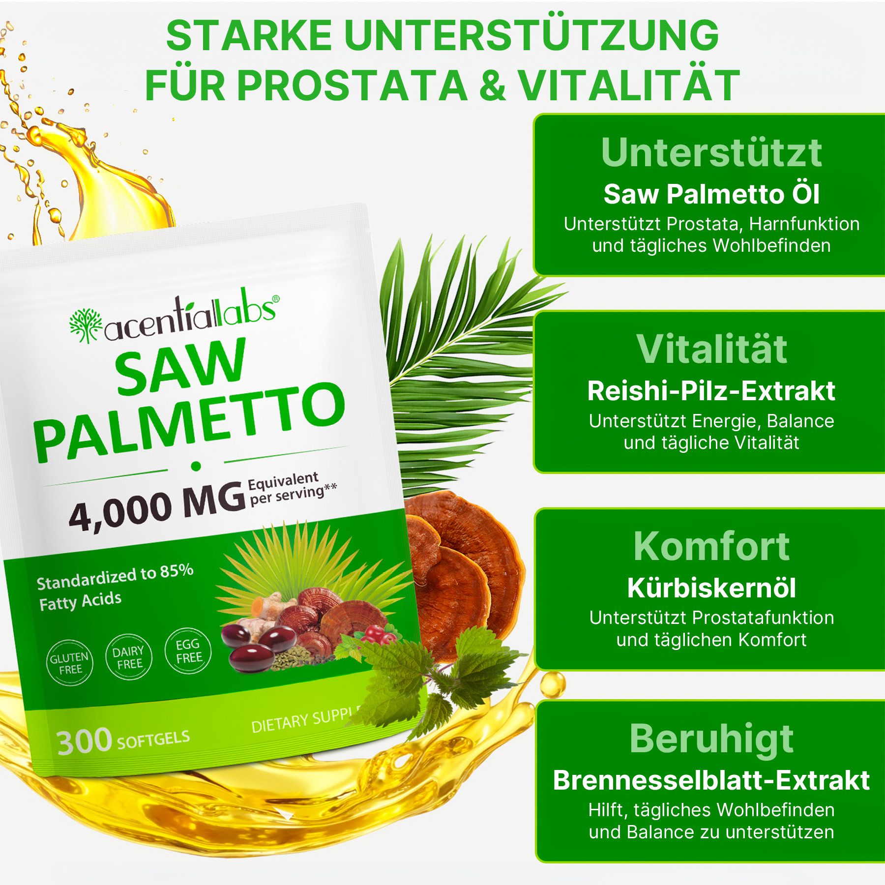 Acentiallabs Saw Palmetto Extrakt Sägepalmenextrakt Kürbiskernöl Hochdosiert Softgels