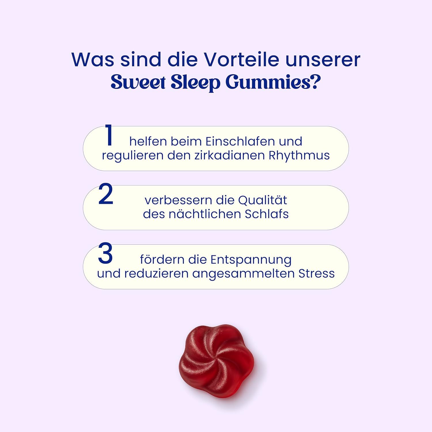 Vorteile der Jelly Pills Health Sweet Sleep Gummies: Hilft beim Einschlafen, verbessert Schlafqualität, reduziert Stress. Eine Gummibärchen.