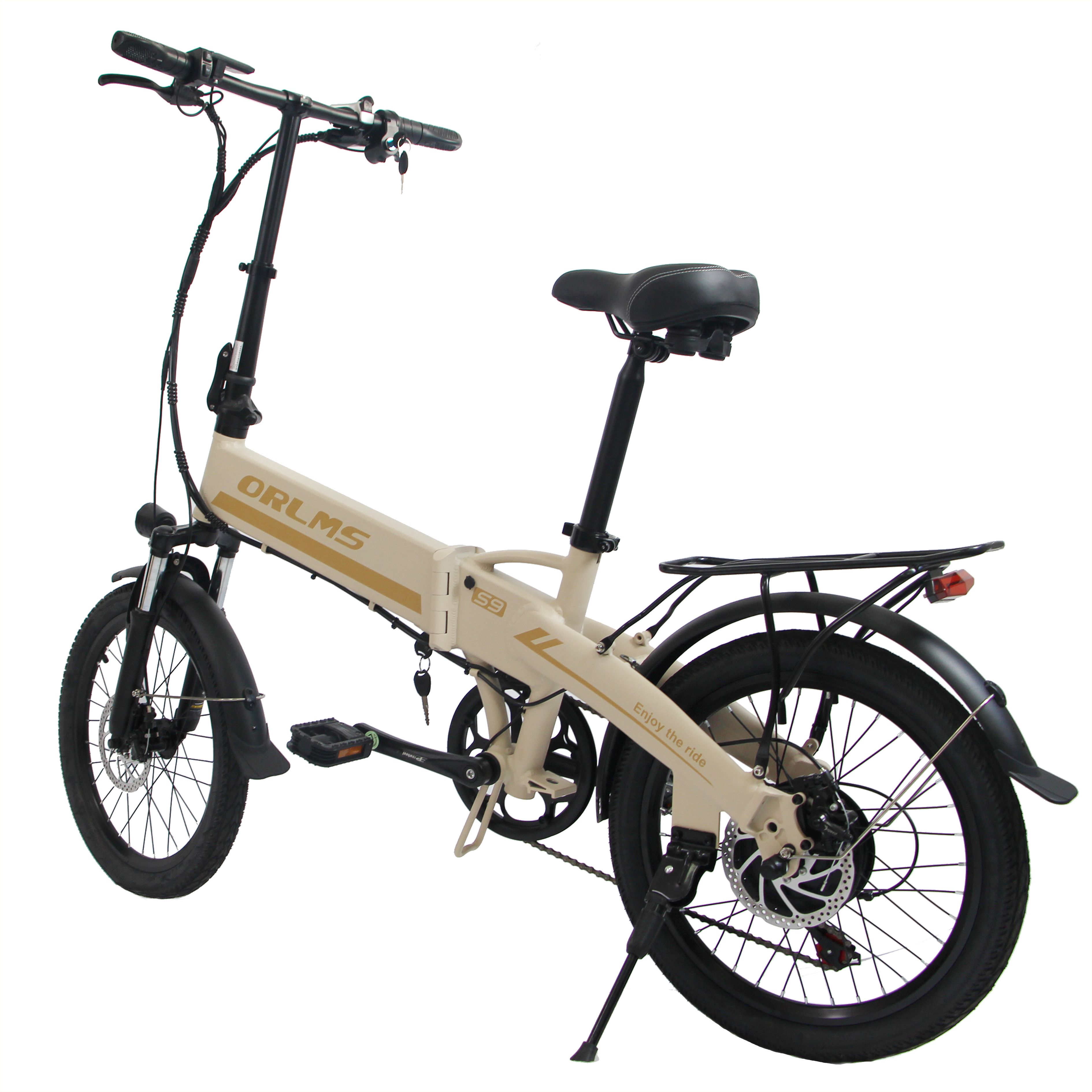 Faltbares E-Bike, beige-schwarz. ORLMS S9 Schriftzug. Gepäckträger, Schutzbleche, Sattel. 20-Zoll-Räder. Auf Ständer.