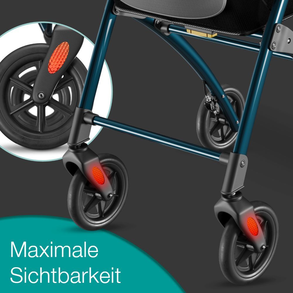 Rollator-Räder mit roten Reflektoren. Maximale Sichtbarkeit.