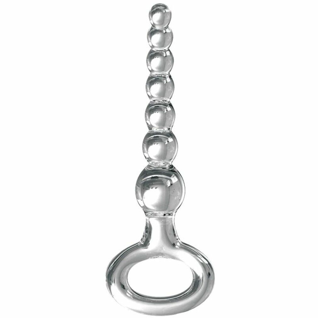 Glas-Analkugelkette mit ovalem Griff und Kugeln. Transparentes Glas. Auf weißem Hintergrund.