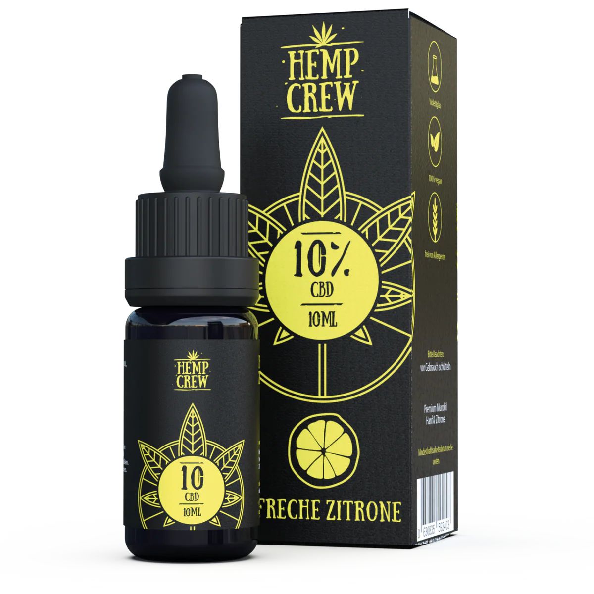 Braune Flasche und Schachtel. Text: Hemp Crew, 10% CBD, 10ml, Freche Zitrone. Logo mit Blättern und Zitrone.