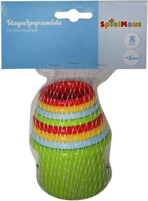 Stapelpyramide in Netzverpackung. Enthält 8 farbige Becher. Auf der Verpackung steht "SpielMaus" und "+6m".