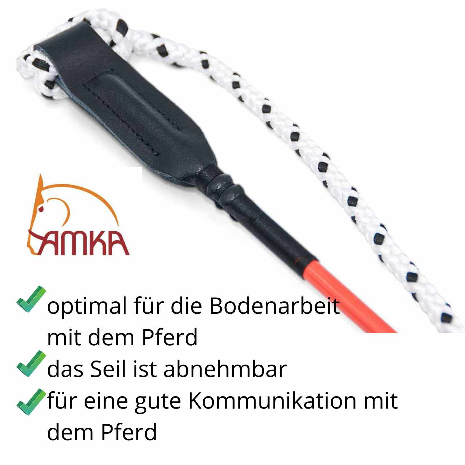 Bodenarbeitsseil mit Ledergriff und AMKA-Logo. Text: optimal für Bodenarbeit, Seil abnehmbar, gute Kommunikation mit Pferd.