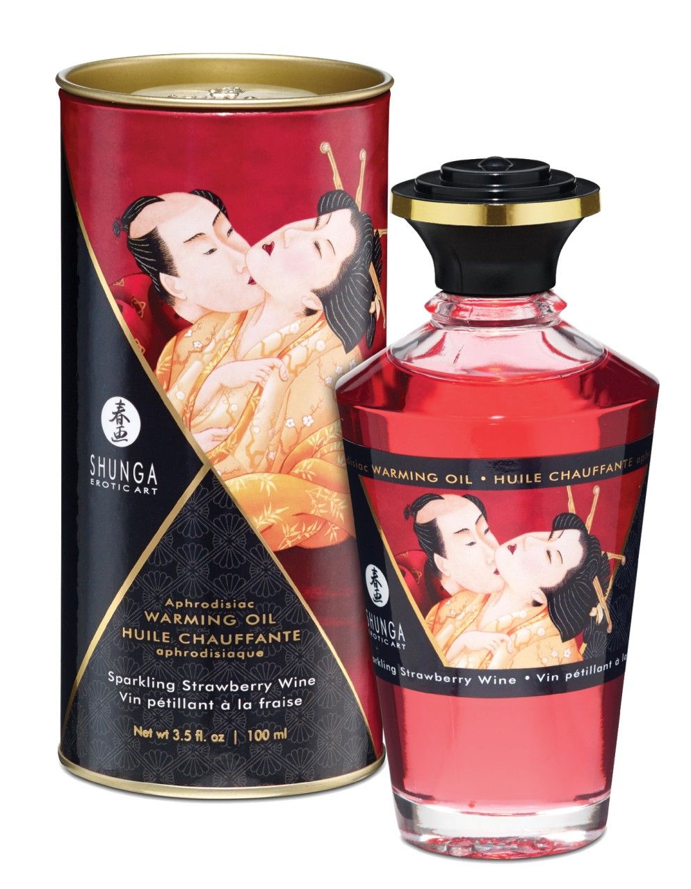 Rote Glasflasche und Dose. Aufdruck: Shunga, Warming Oil, Erdbeer-Aroma. Abbildung: küssendes Paar. Dose mit Deckel.