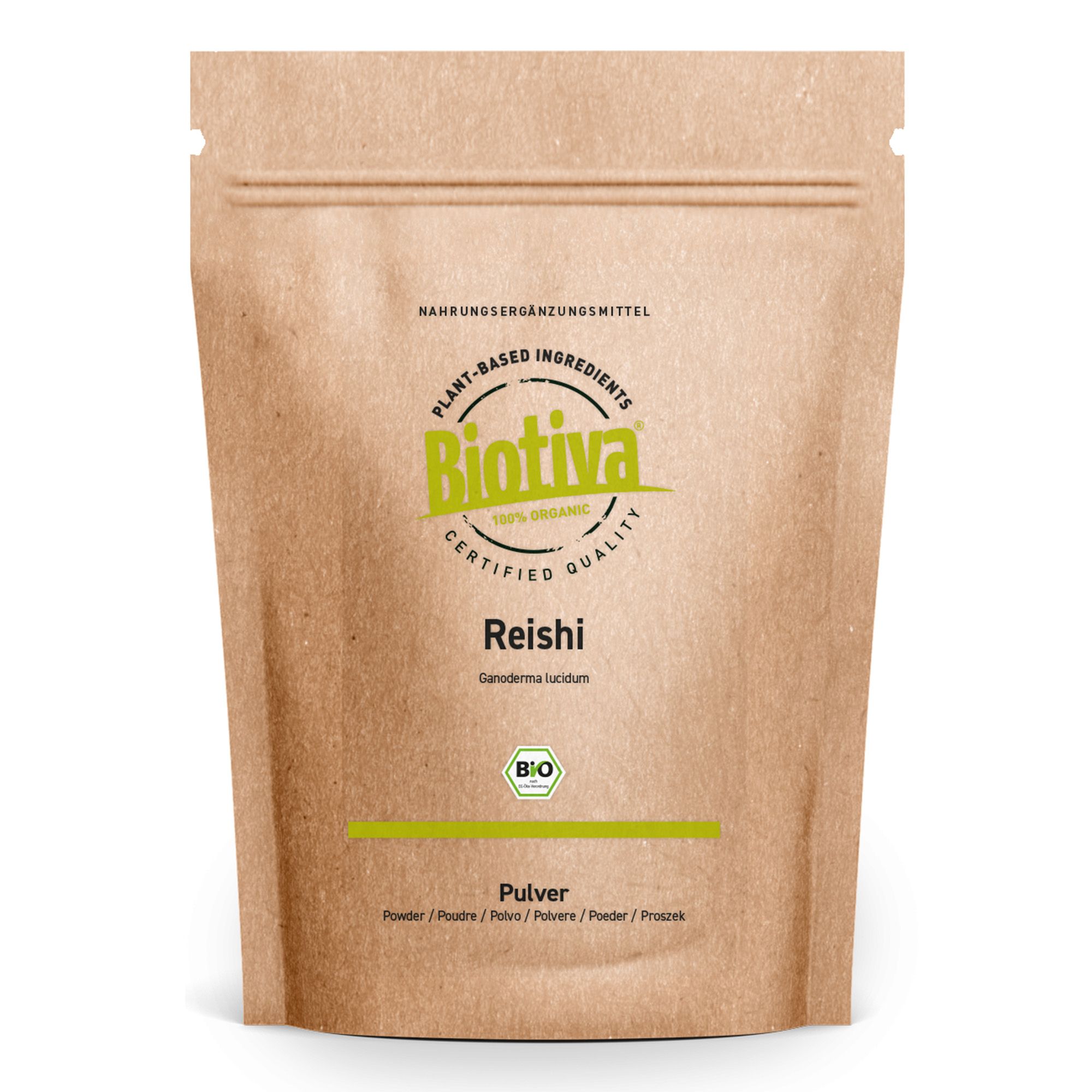 Beutel mit Biotiva Reishi Pulver Bio. Aufschrift: Reishi, Pulver, Bio. Siegel: Plant-based ingredients, 100% Organic, Certified Quality.