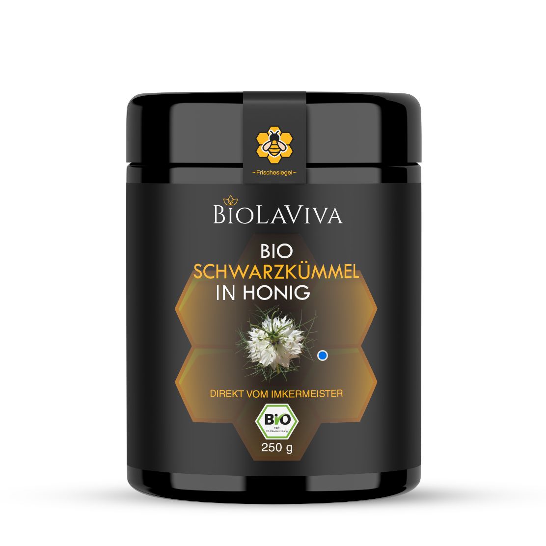 Schwarze Dose mit BIOLAVIVA BIO Schwarzkümmel in Honig. BIO-Siegel, 250 g. Direkt vom Imkermeister.