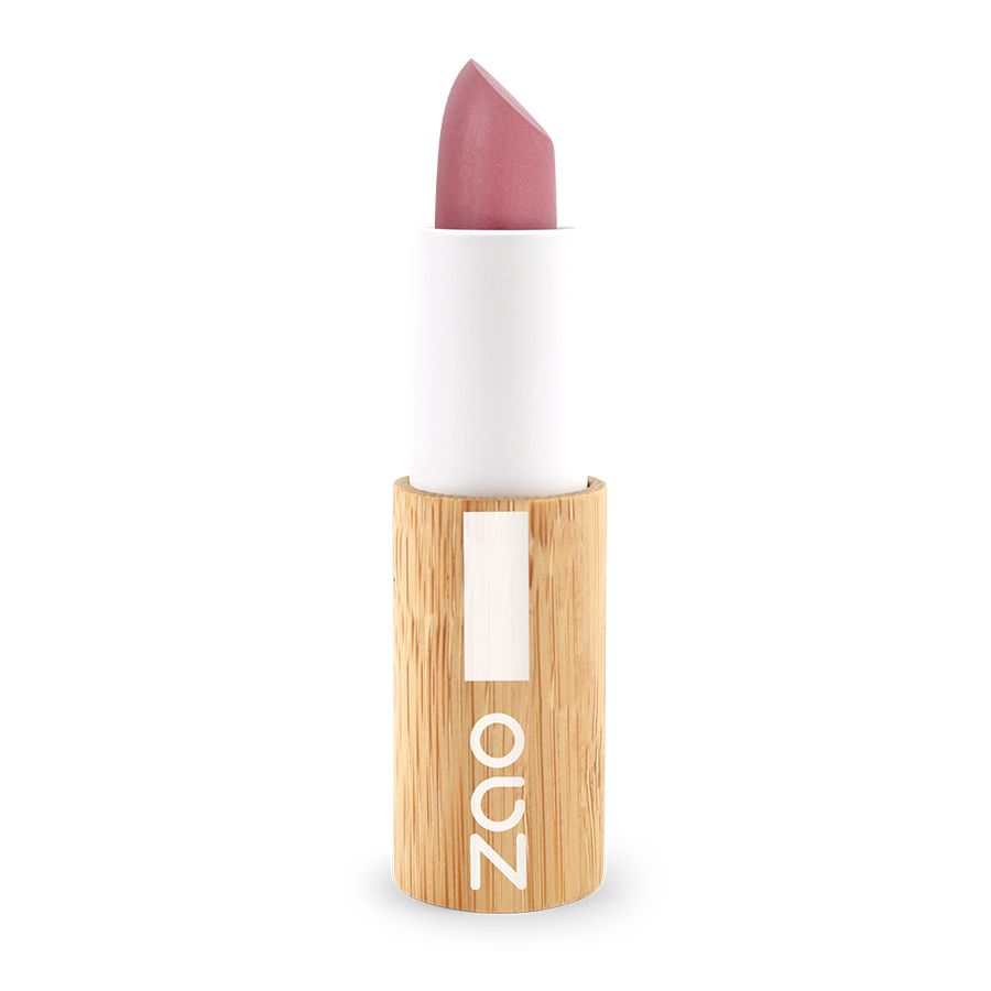 Lippenstift mit rosafarbenem Stift. Weißer Schaft, unterer Teil aus Holz mit Logo. Aufschrift: ZAO.