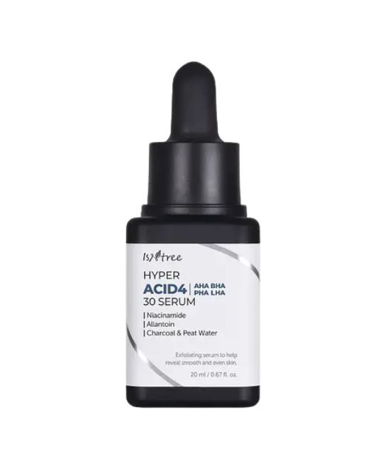 Schwarze Flasche mit Serum. Aufschrift: Hyper Acid4 30 Serum. Enthält AHA, BHA, PHA, LHA. Mit Pipette.