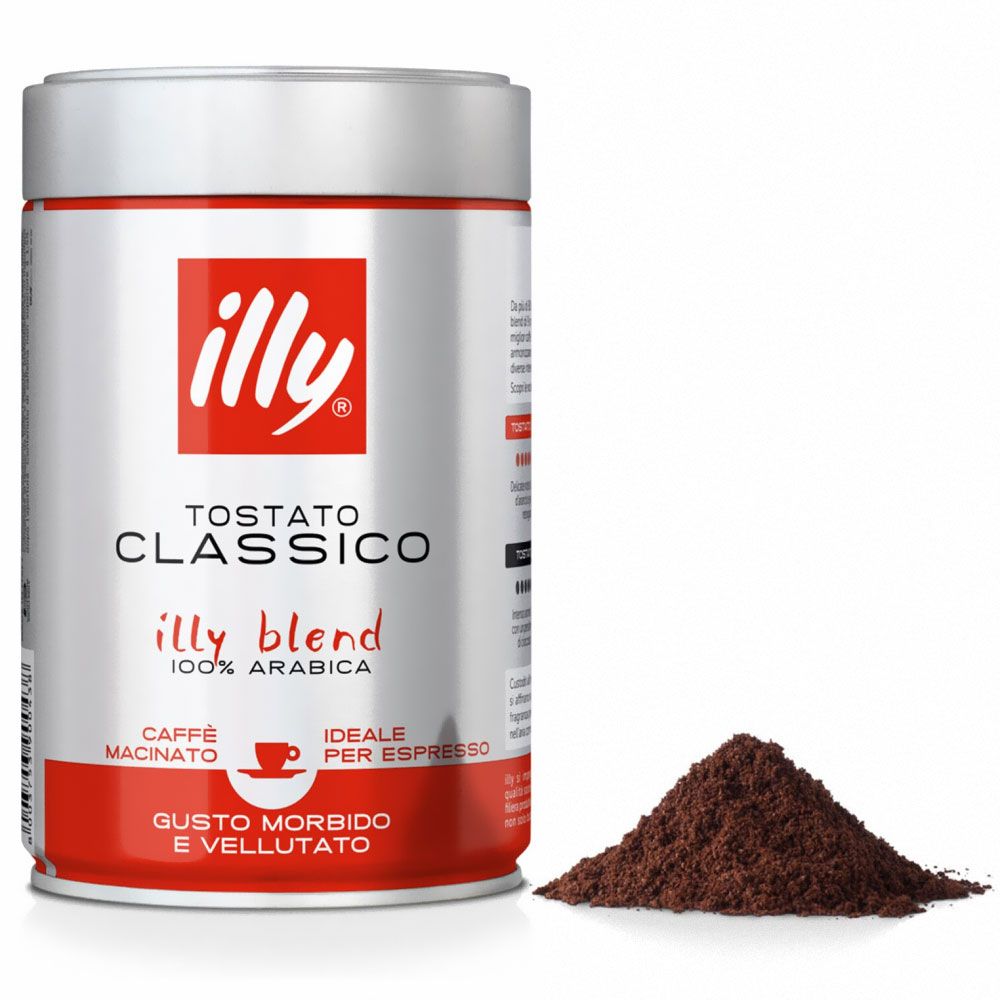 Kaffeepulver und Dose. Dose mit rotem und weißem Etikett. Aufschrift: illy, Tostato Classico, illy blend, 100% Arabica.