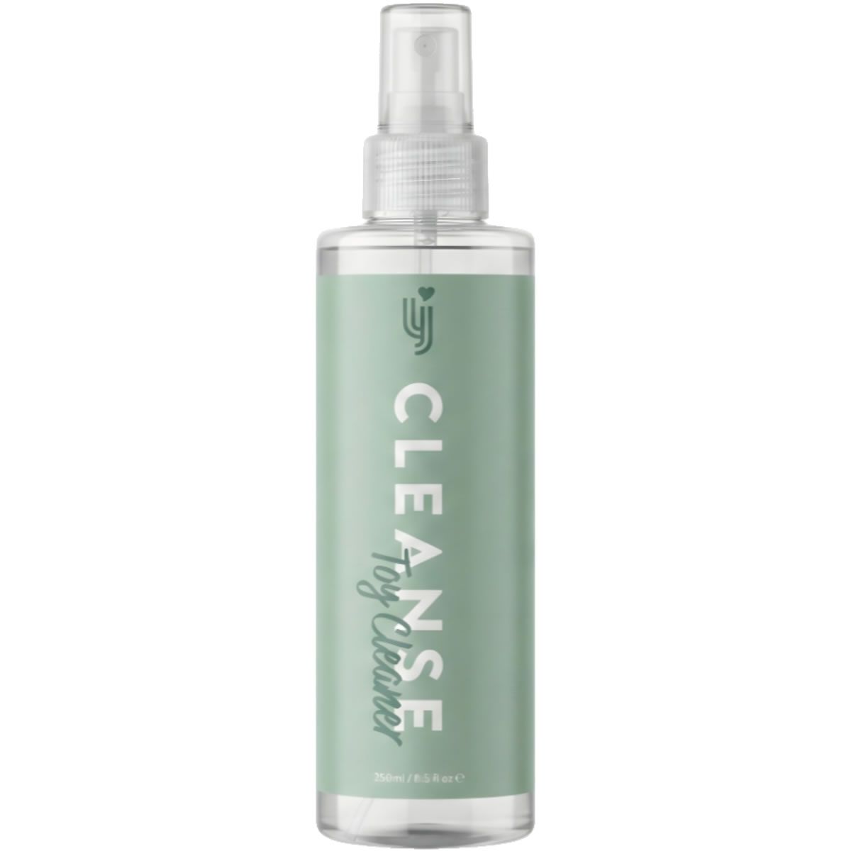 Transparente Sprühflasche mit grünem Etikett. Aufschrift: CLEANSE Toy Cleaner. Mit Sprühkopf.