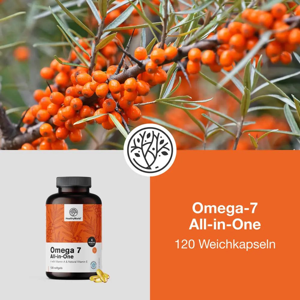 Produktabbildung von Omega-7 All-in-One Kapseln neben Sanddornzweig. Aufschrift: HealthyWorld, 120 Weichkapseln. Mit Vitamin A & E.