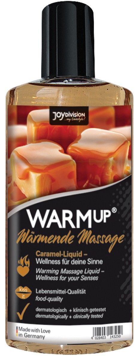 Flasche mit schwarzem Deckel. Aufschrift: WARMup, wärmende Massage. Caramel-Liquid. Dermatologisch und klinisch getestet.