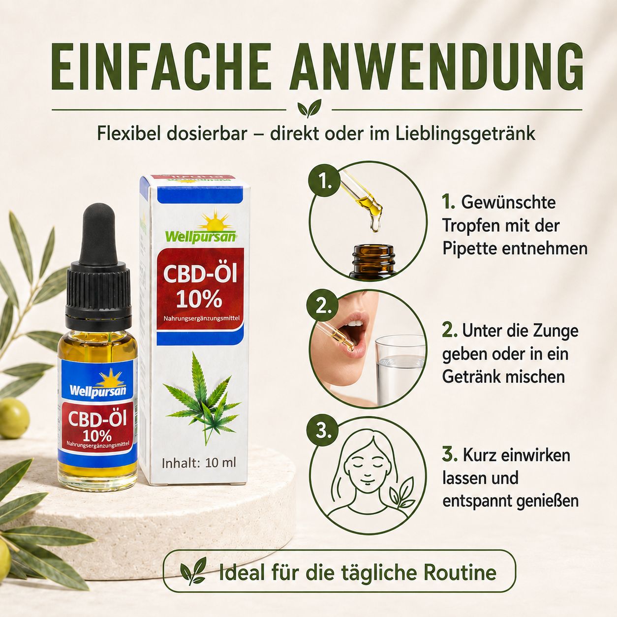 Wellpursan CBD-Öl 10% Flasche mit Pipette, Faltschachtel, Anwendungsschritte 1, 2, 3.