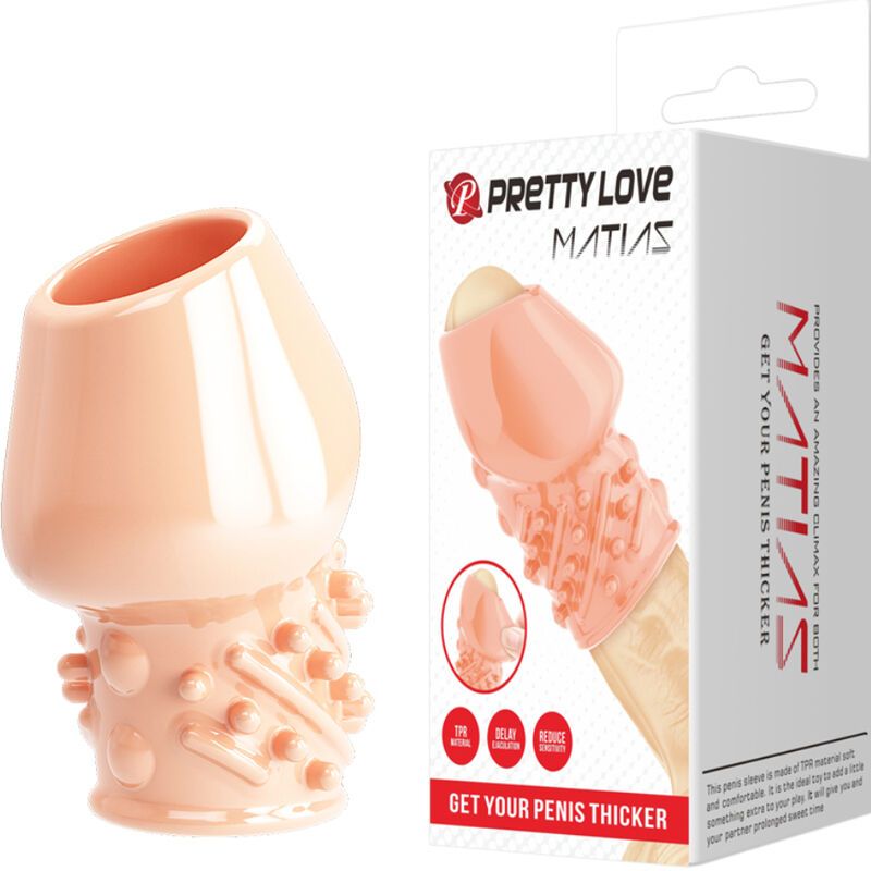 Fleischfarbene Hülle neben Produktverpackung. Verpackung mit Produktabbildung und Text: PRETTY LOVE MATIAS.