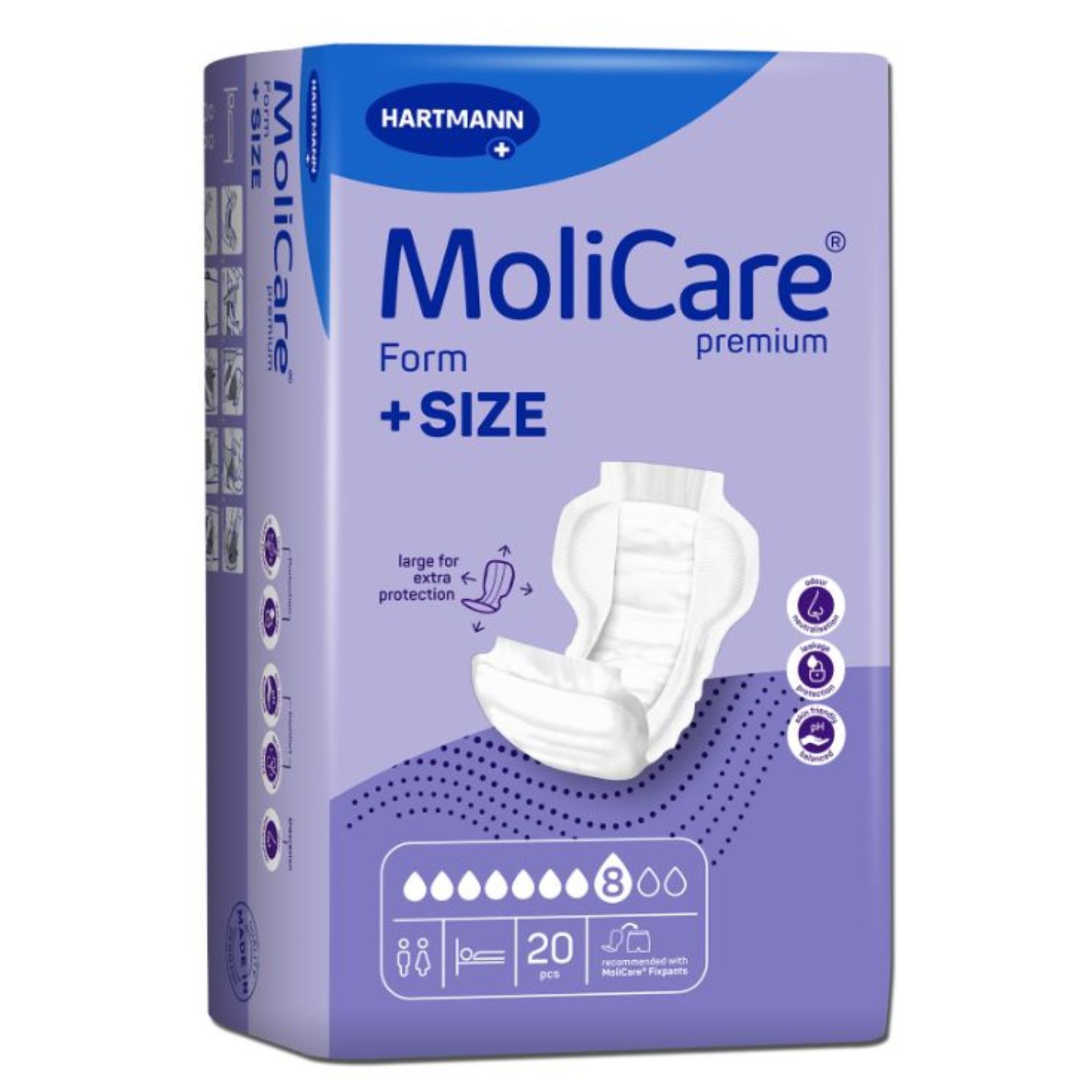 MoliCare Premium Form + SIZE, Packung. Produktabbildung mit absorbierenden Einlagen. Hartmann-Logo und Tropfen-Symbol.