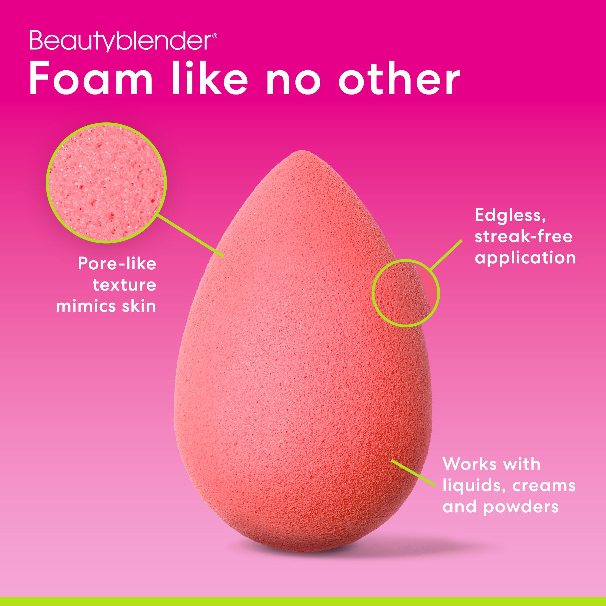 Roter Beautyblender. Text: "Foam like no other". Details: Porenähnliche Textur, streifenfreie Anwendung.